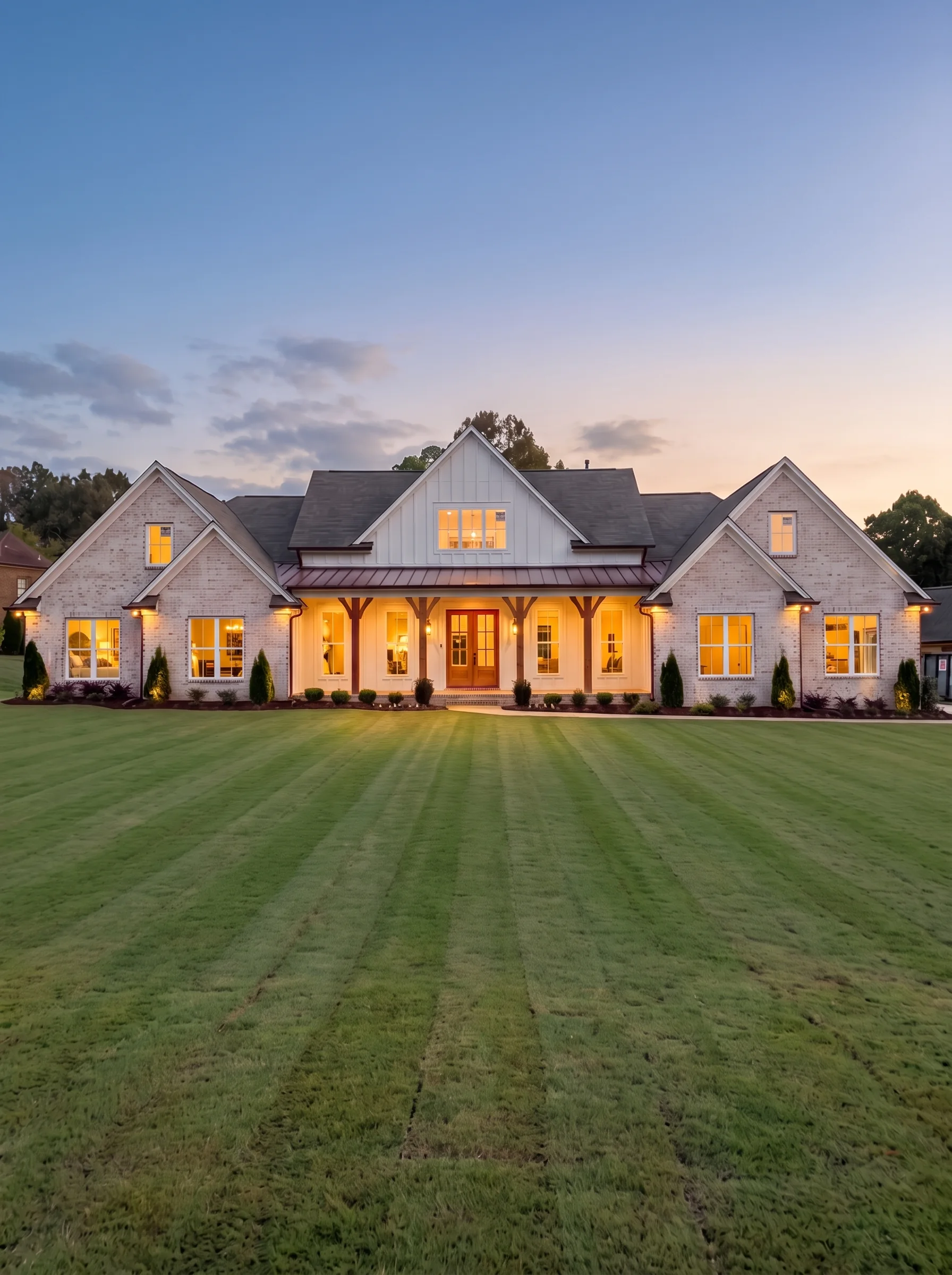 A broad white-brick farmhouse with three gables and a timber porch at dusk, every window lit, above a freshly mowed lawn.